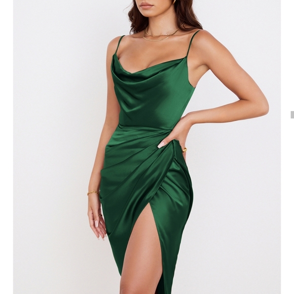 Emerald Green Spaghetti Strap Draped High Slit Tulip Skirt Satin Midi Dress - Picture 2 of 16